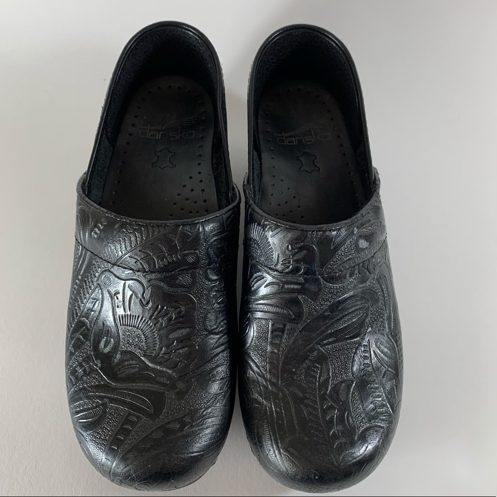 Dansko Professional Black Leather Tooled Clogs